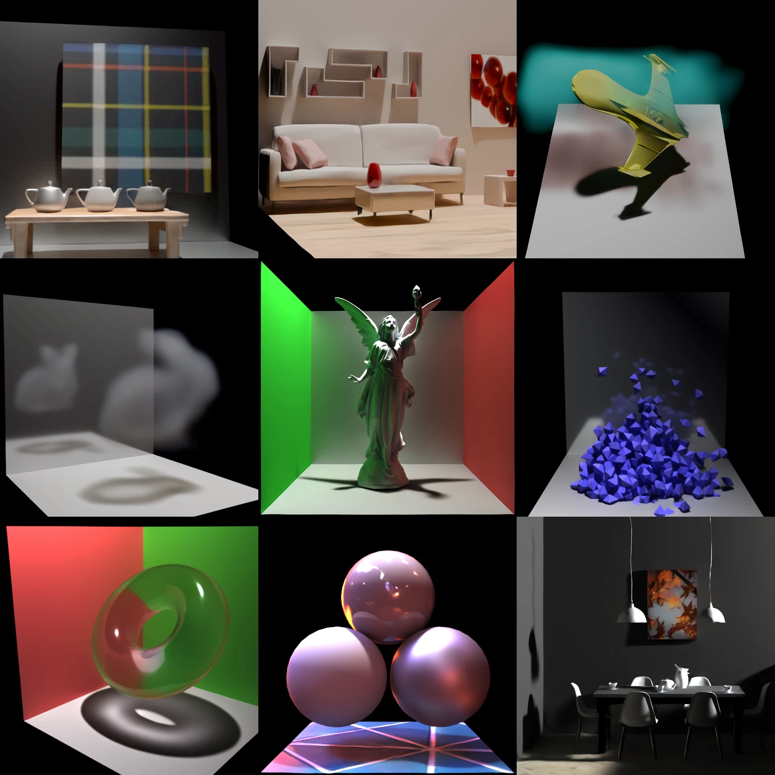 Neun RenderFormer-V2-Bilder mit Innenräumen, Glas, Glanzmaterialien und Volumen